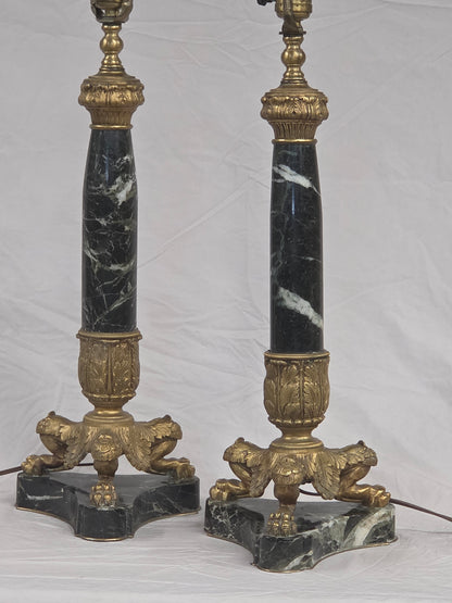 Vintage Pair French Empire Neoclassical Style Marble and Gilt Bronze Table Lamps