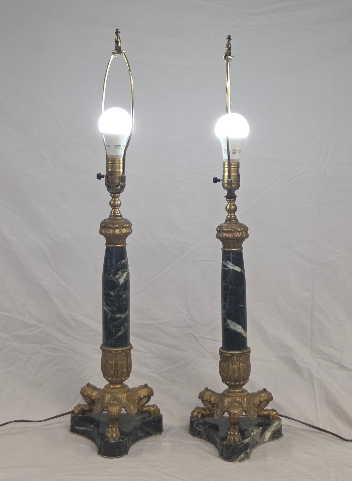 Vintage Pair French Empire Neoclassical Style Marble and Gilt Bronze Table Lamps