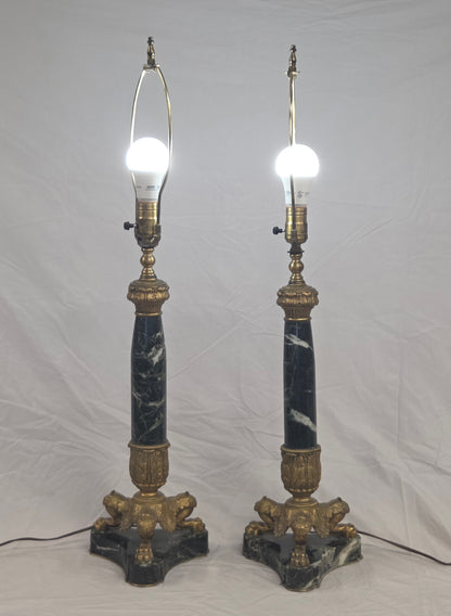 Vintage Pair French Empire Neoclassical Style Marble and Gilt Bronze Table Lamps