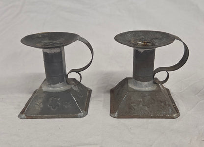 Vintage Mexican Tin Rustic Candlesticks - a pair