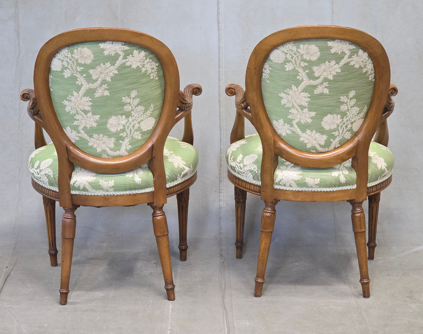 Vintage French Louis XVI Style Armchairs With Green and Cream Upholstery - A Pair