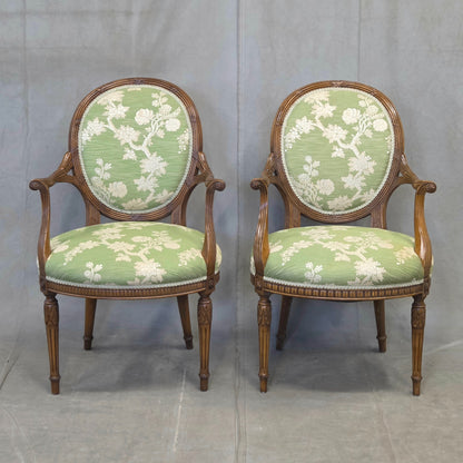 Vintage French Louis XVI Style Armchairs With Green and Cream Upholstery - A Pair
