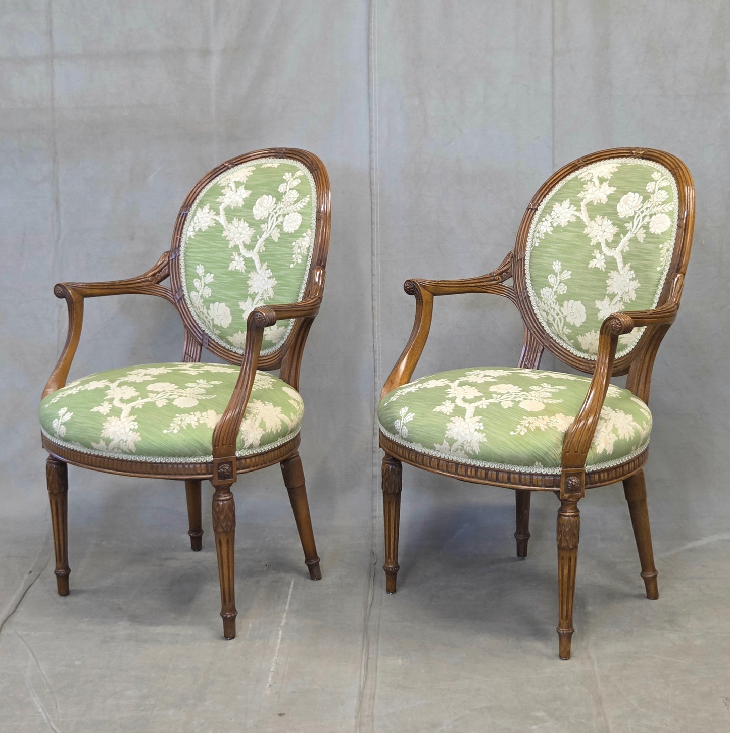 Vintage French Louis XVI Style Armchairs With Green and Cream Upholstery - A Pair