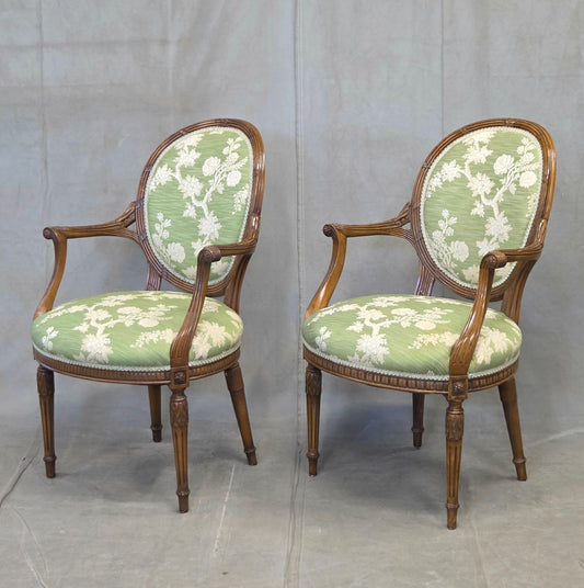 Vintage French Louis XVI Style Armchairs With Green and Cream Upholstery - A Pair