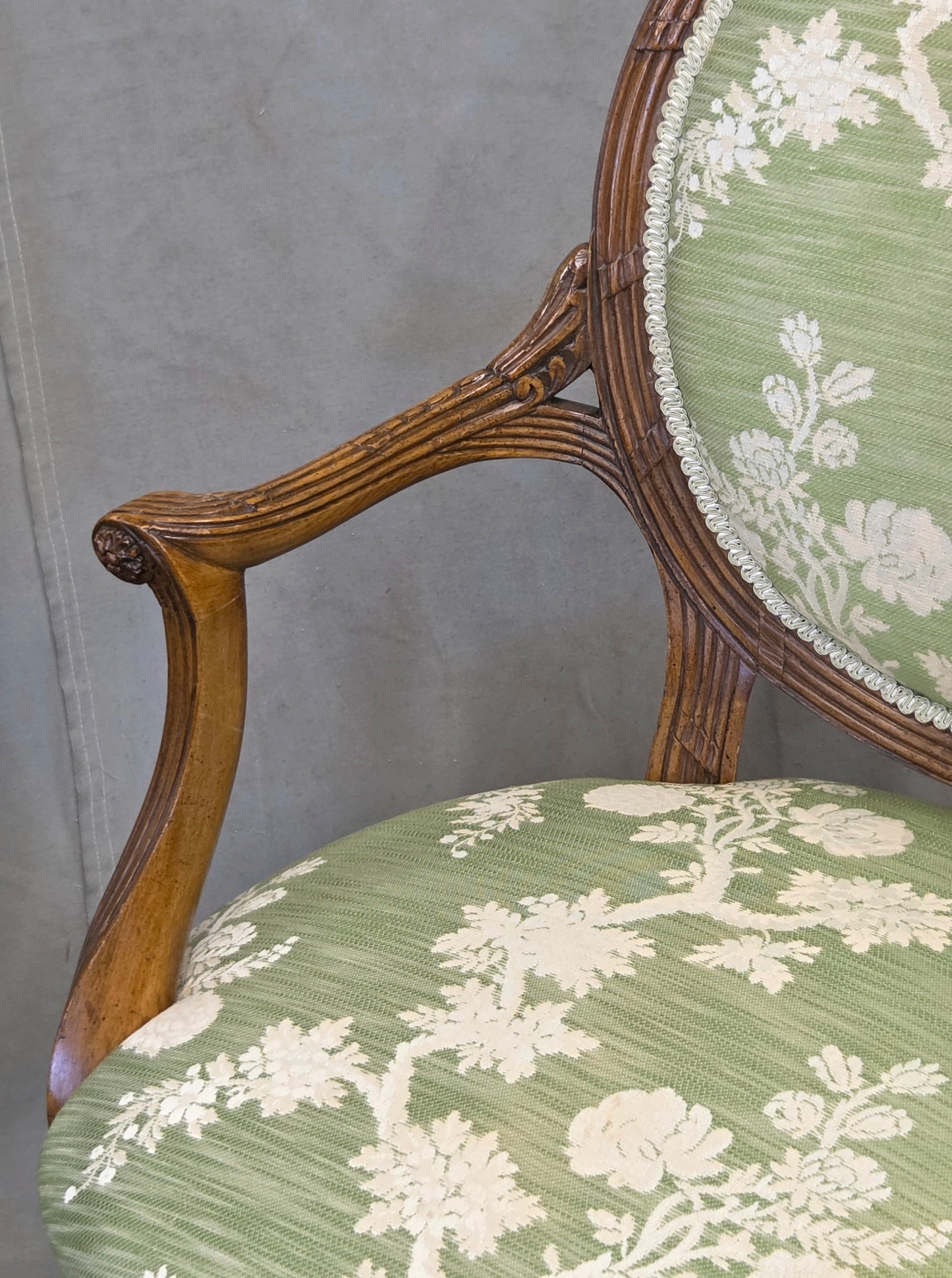 Vintage French Louis XVI Style Armchairs With Green and Cream Upholstery - A Pair