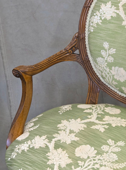 Vintage French Louis XVI Style Armchairs With Green and Cream Upholstery - A Pair