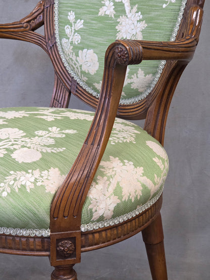 Vintage French Louis XVI Style Armchairs With Green and Cream Upholstery - A Pair