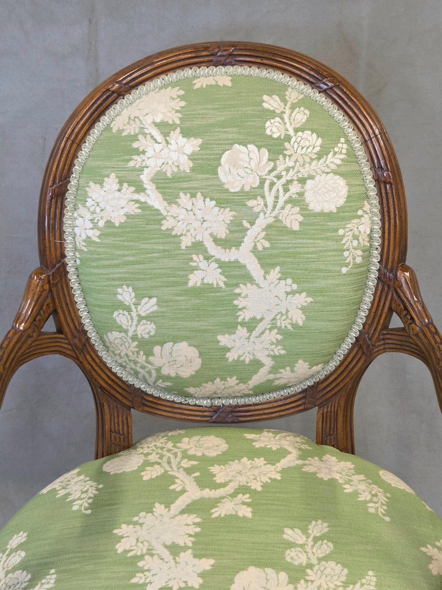 Vintage French Louis XVI Style Armchairs With Green and Cream Upholstery - A Pair
