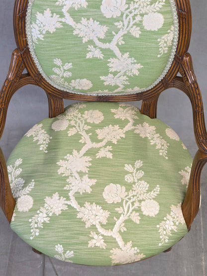 Vintage French Louis XVI Style Armchairs With Green and Cream Upholstery - A Pair