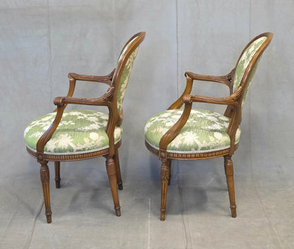 Vintage French Louis XVI Style Armchairs With Green and Cream Upholstery - A Pair