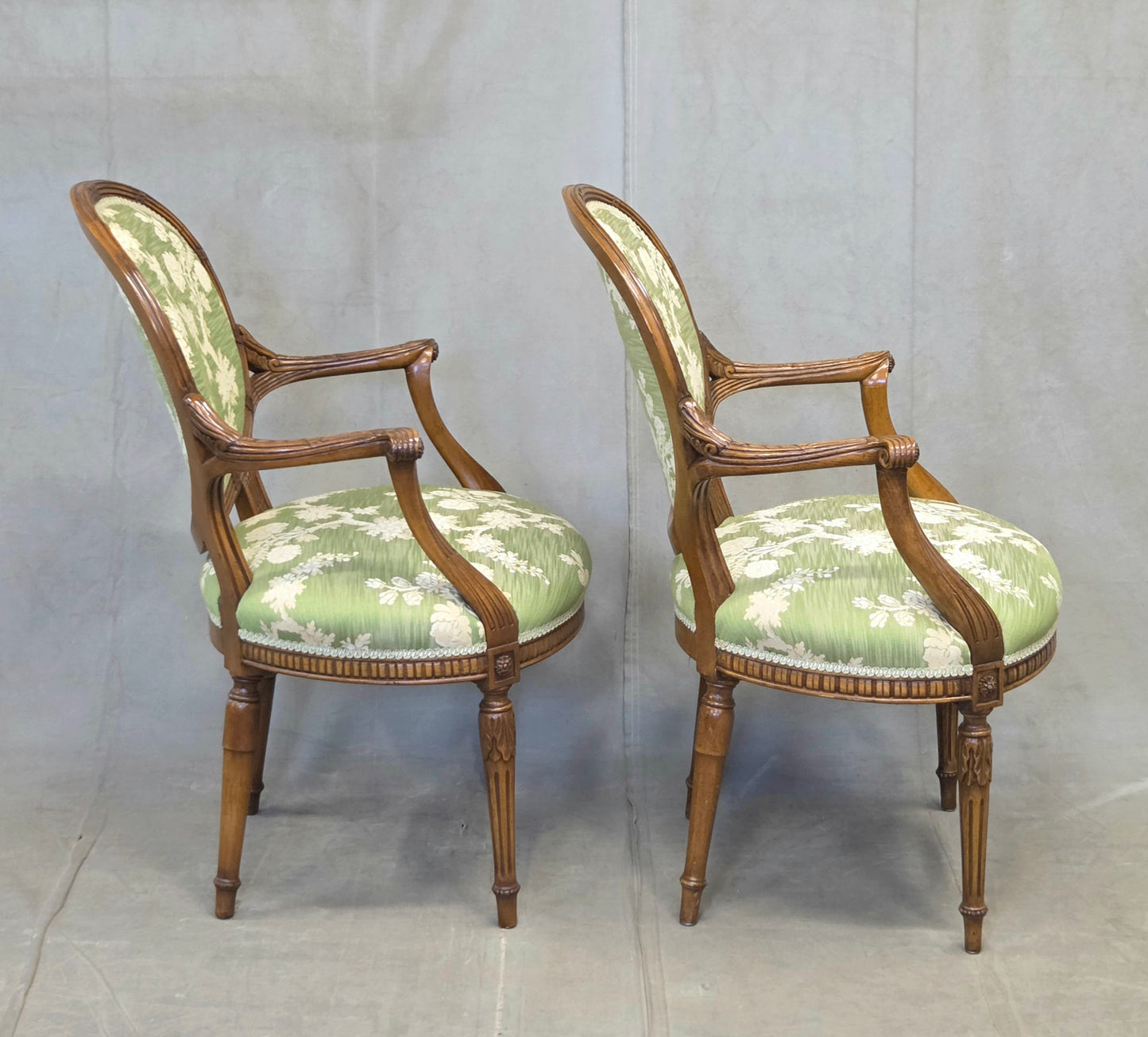 Vintage French Louis XVI Style Armchairs With Green and Cream Upholstery - A Pair