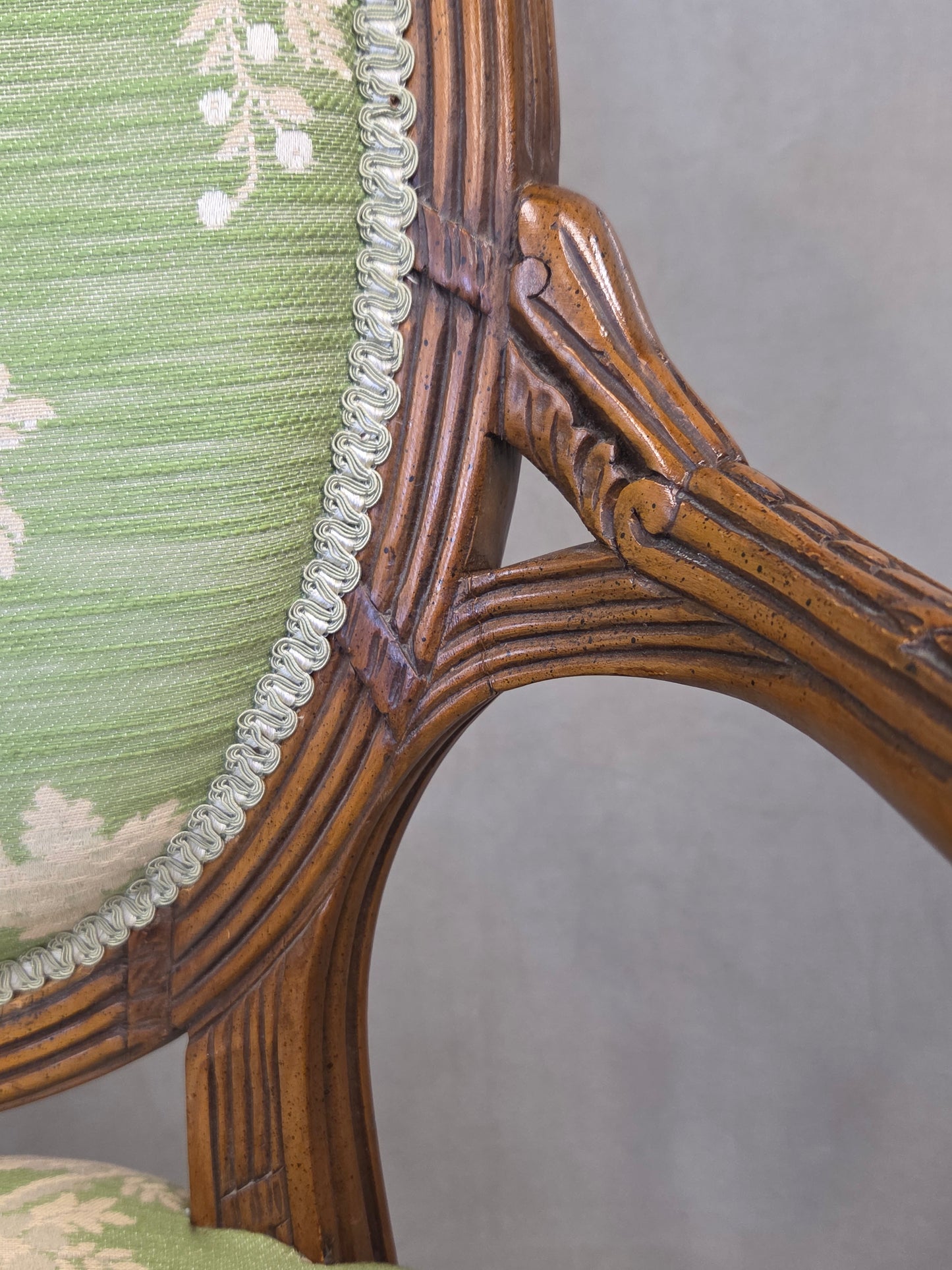 Vintage French Louis XVI Style Armchairs With Green and Cream Upholstery - A Pair