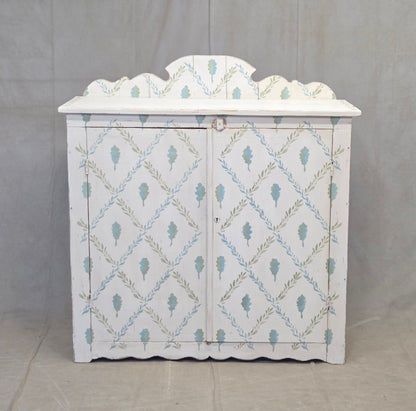 Antique Rustic Pine Two Door Cabinet With Distress Painted and Stenciled Surface