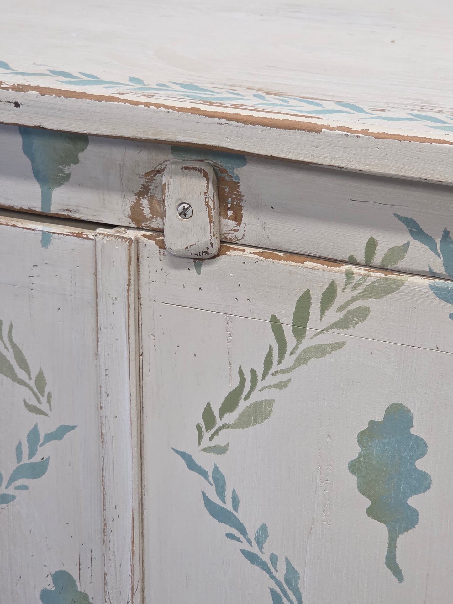 Antique Rustic Pine Two Door Cabinet With Distress Painted and Stenciled Surface