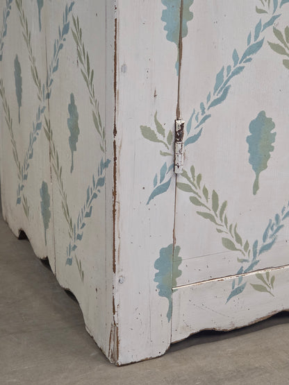 Antique Rustic Pine Two Door Cabinet With Distress Painted and Stenciled Surface