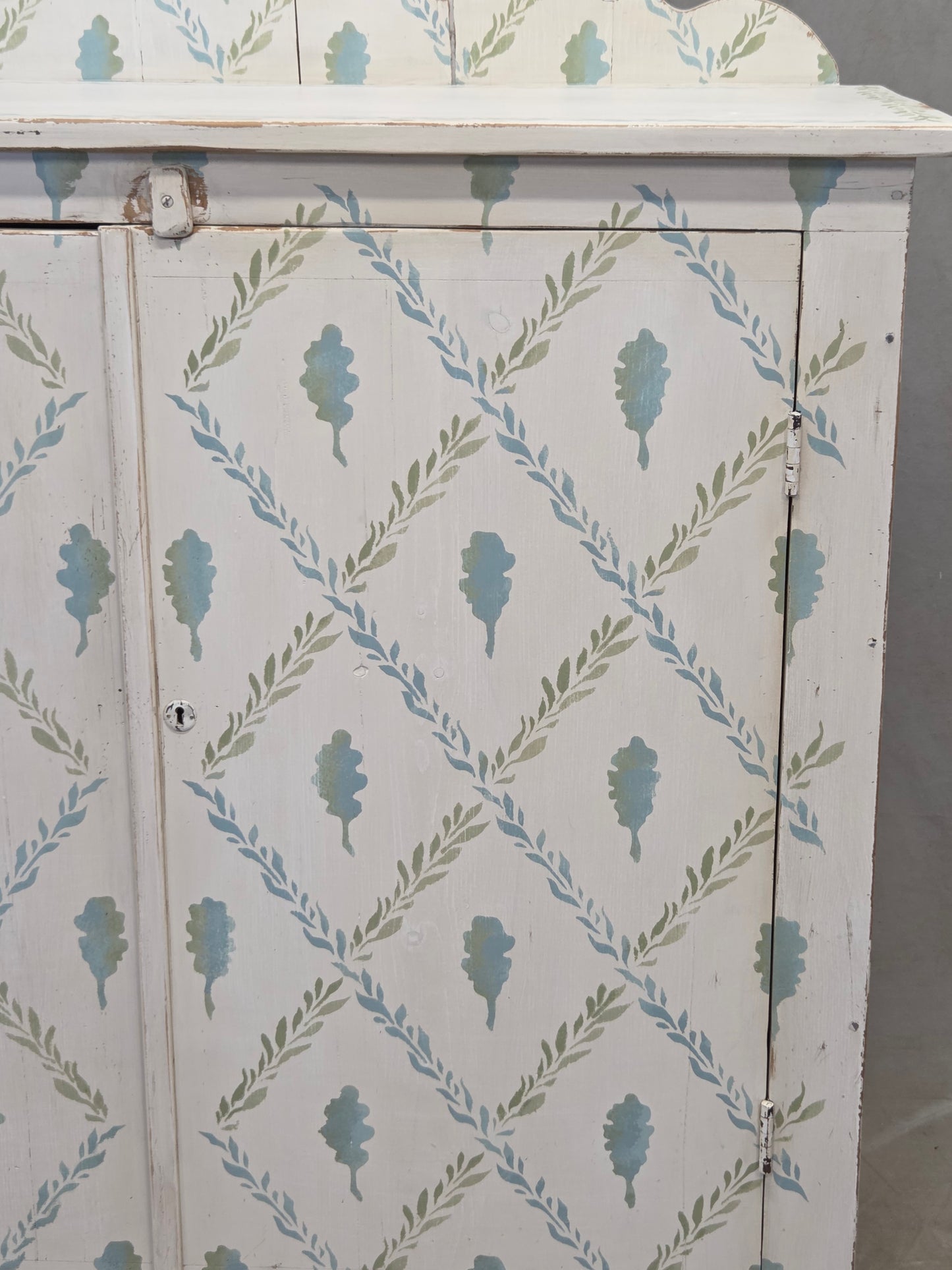 Antique Rustic Pine Two Door Cabinet With Distress Painted and Stenciled Surface