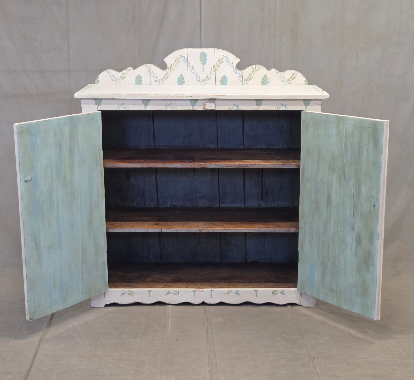 Antique Rustic Pine Two Door Cabinet With Distress Painted and Stenciled Surface
