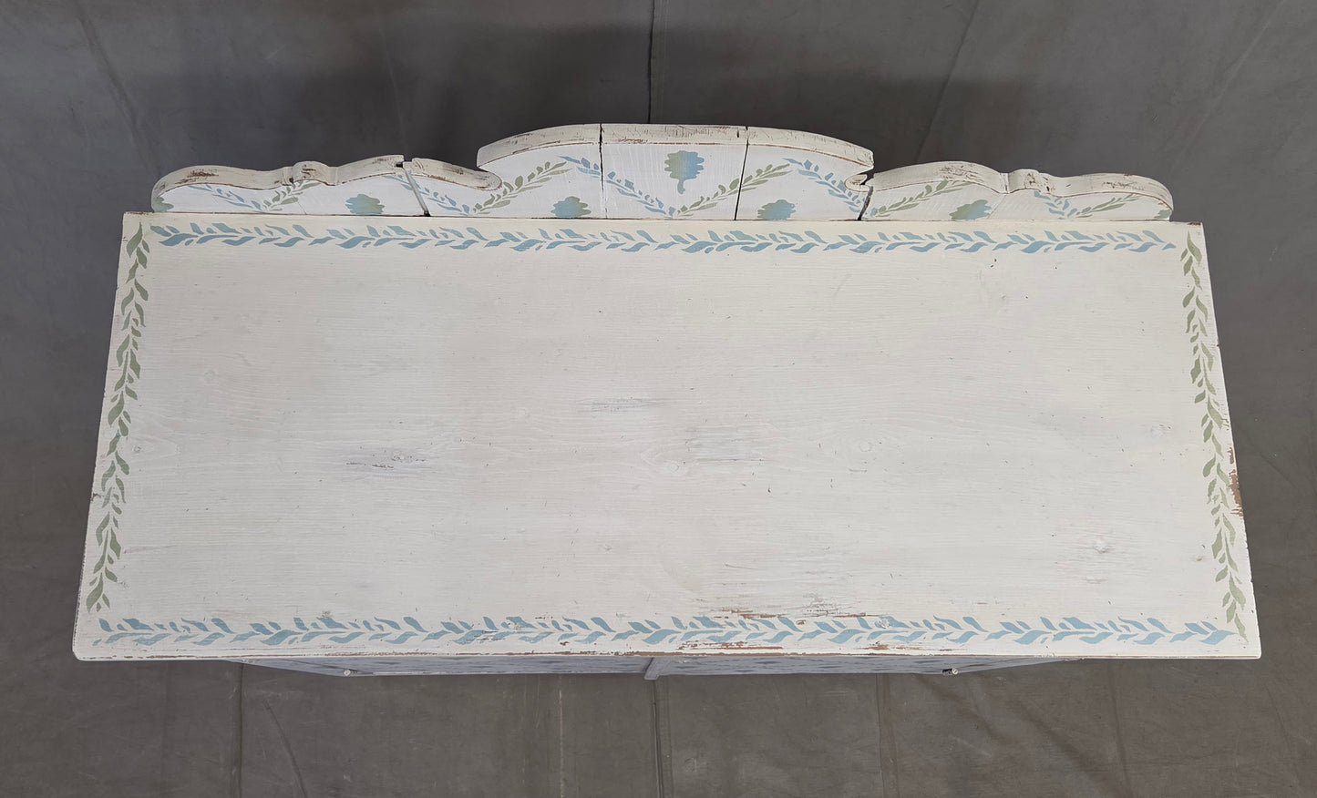 Antique Rustic Pine Two Door Cabinet With Distress Painted and Stenciled Surface