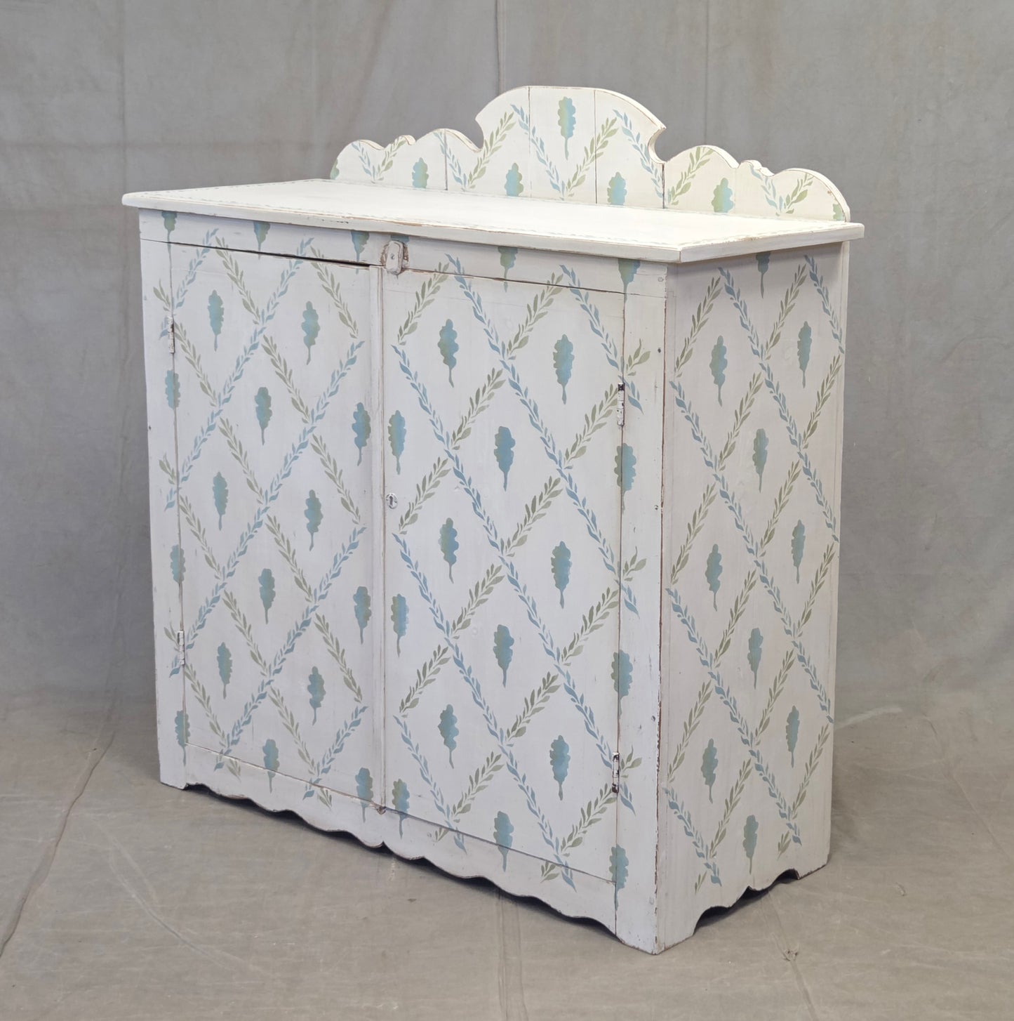 Antique Rustic Pine Two Door Cabinet With Distress Painted and Stenciled Surface