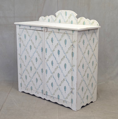 Antique Rustic Pine Two Door Cabinet With Distress Painted and Stenciled Surface