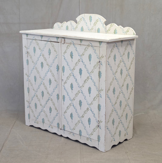 Antique Rustic Pine Two Door Cabinet With Distress Painted and Stenciled Surface
