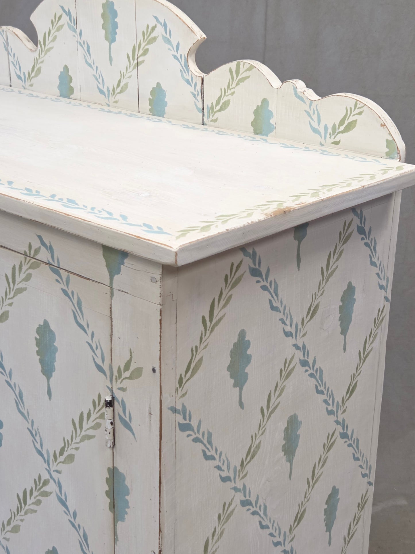 Antique Rustic Pine Two Door Cabinet With Distress Painted and Stenciled Surface