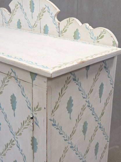 Antique Rustic Pine Two Door Cabinet With Distress Painted and Stenciled Surface