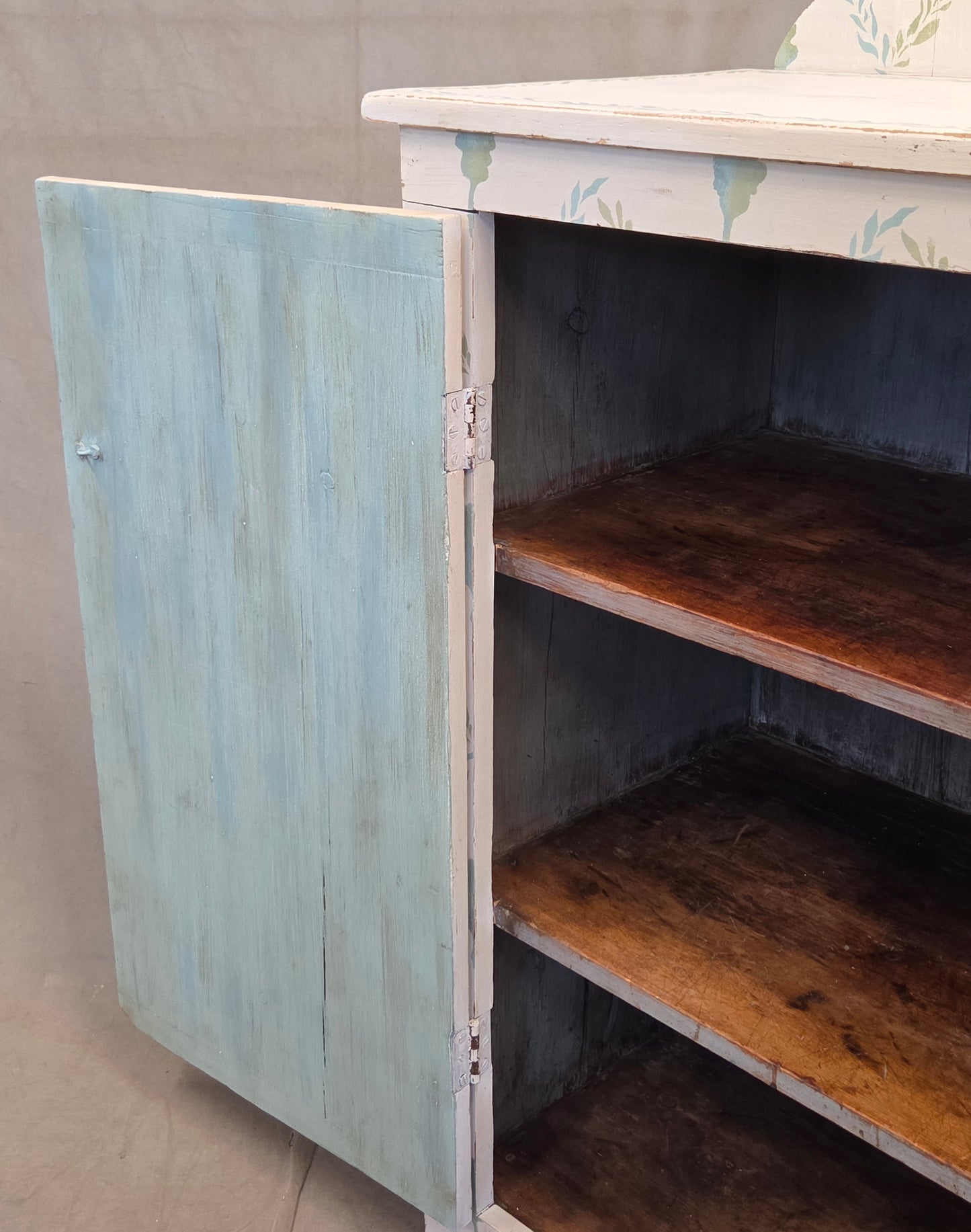 Antique Rustic Pine Two Door Cabinet With Distress Painted and Stenciled Surface