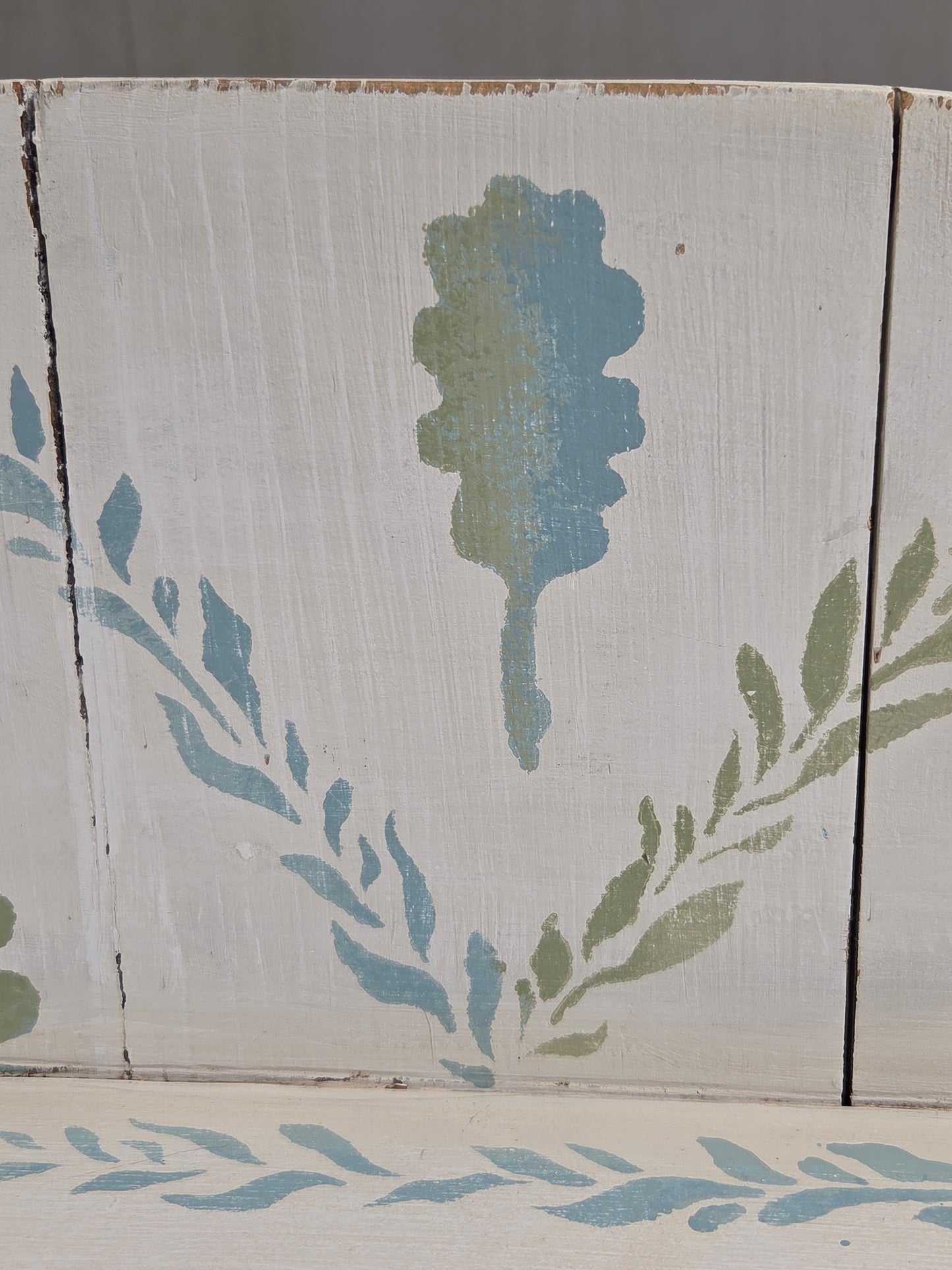 Antique Rustic Pine Two Door Cabinet With Distress Painted and Stenciled Surface