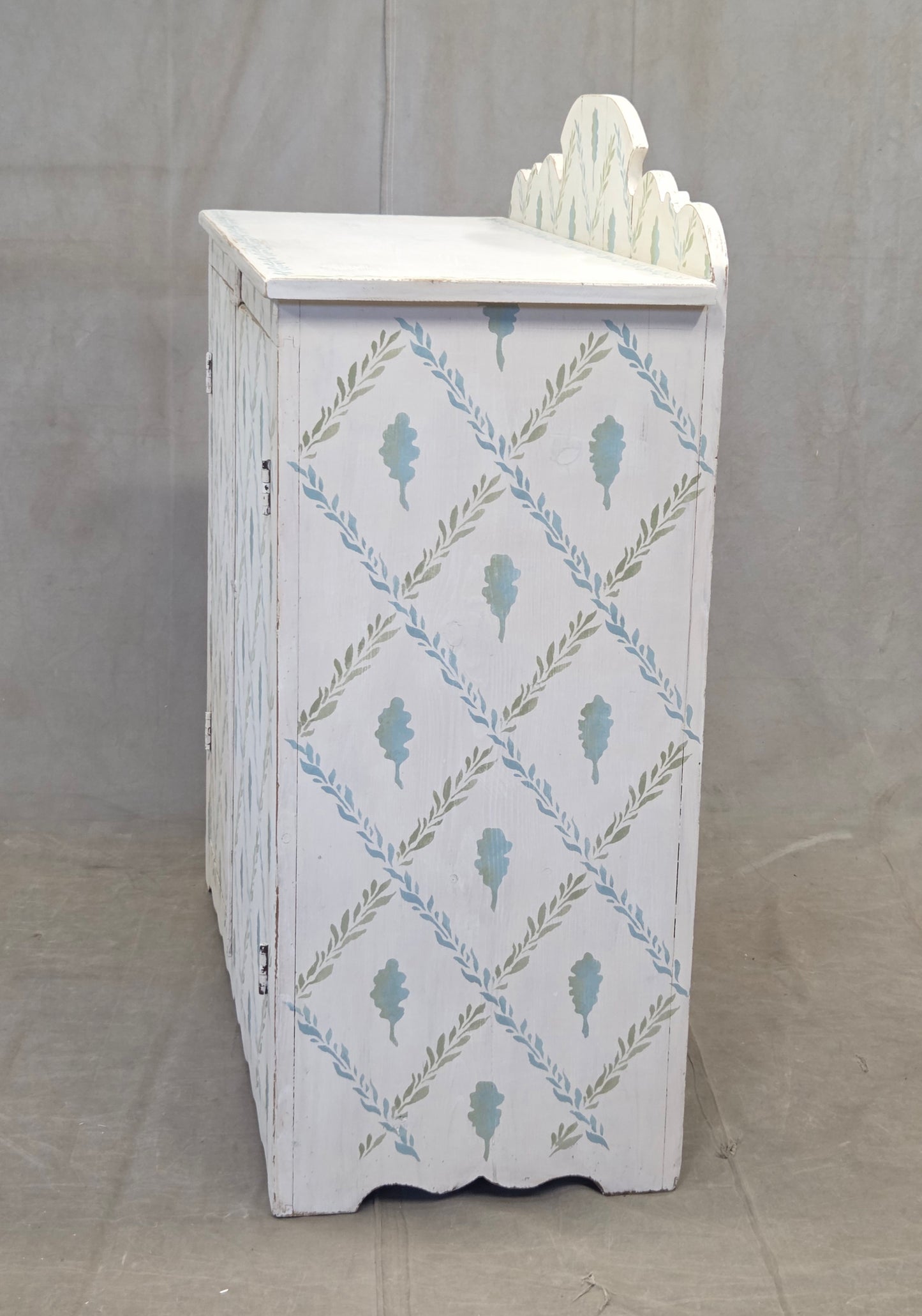 Antique Rustic Pine Two Door Cabinet With Distress Painted and Stenciled Surface
