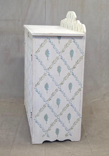 Antique Rustic Pine Two Door Cabinet With Distress Painted and Stenciled Surface