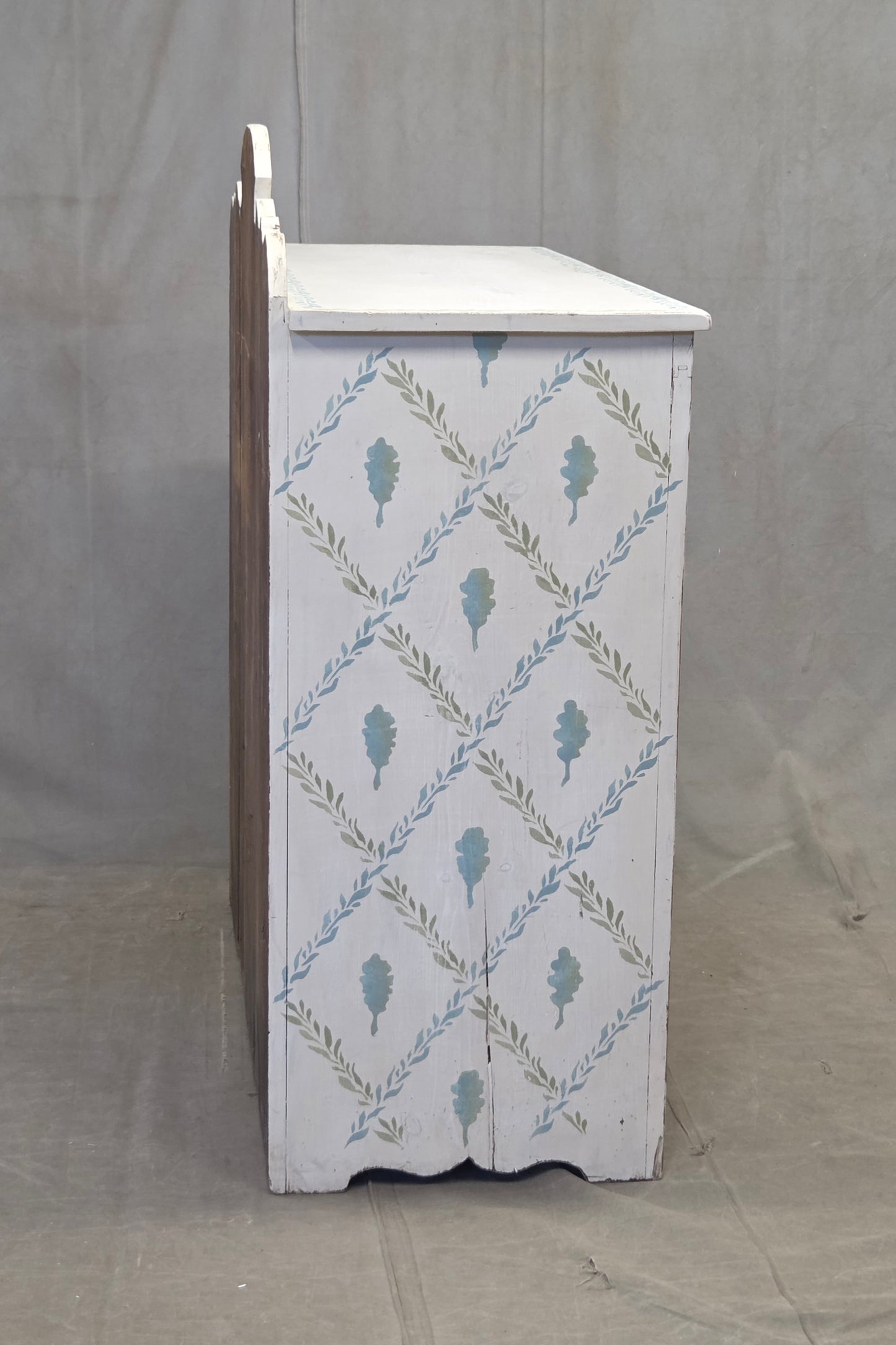 Antique Rustic Pine Two Door Cabinet With Distress Painted and Stenciled Surface