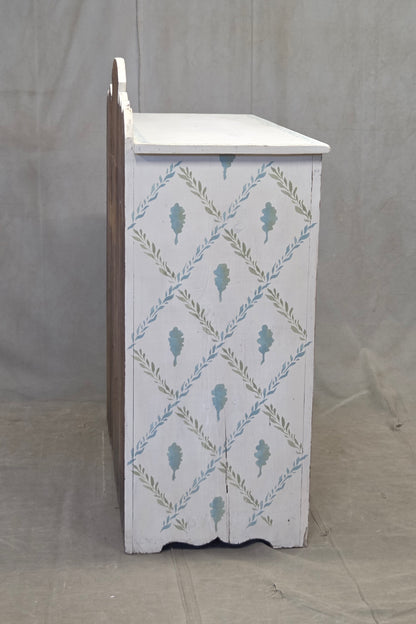 Antique Rustic Pine Two Door Cabinet With Distress Painted and Stenciled Surface