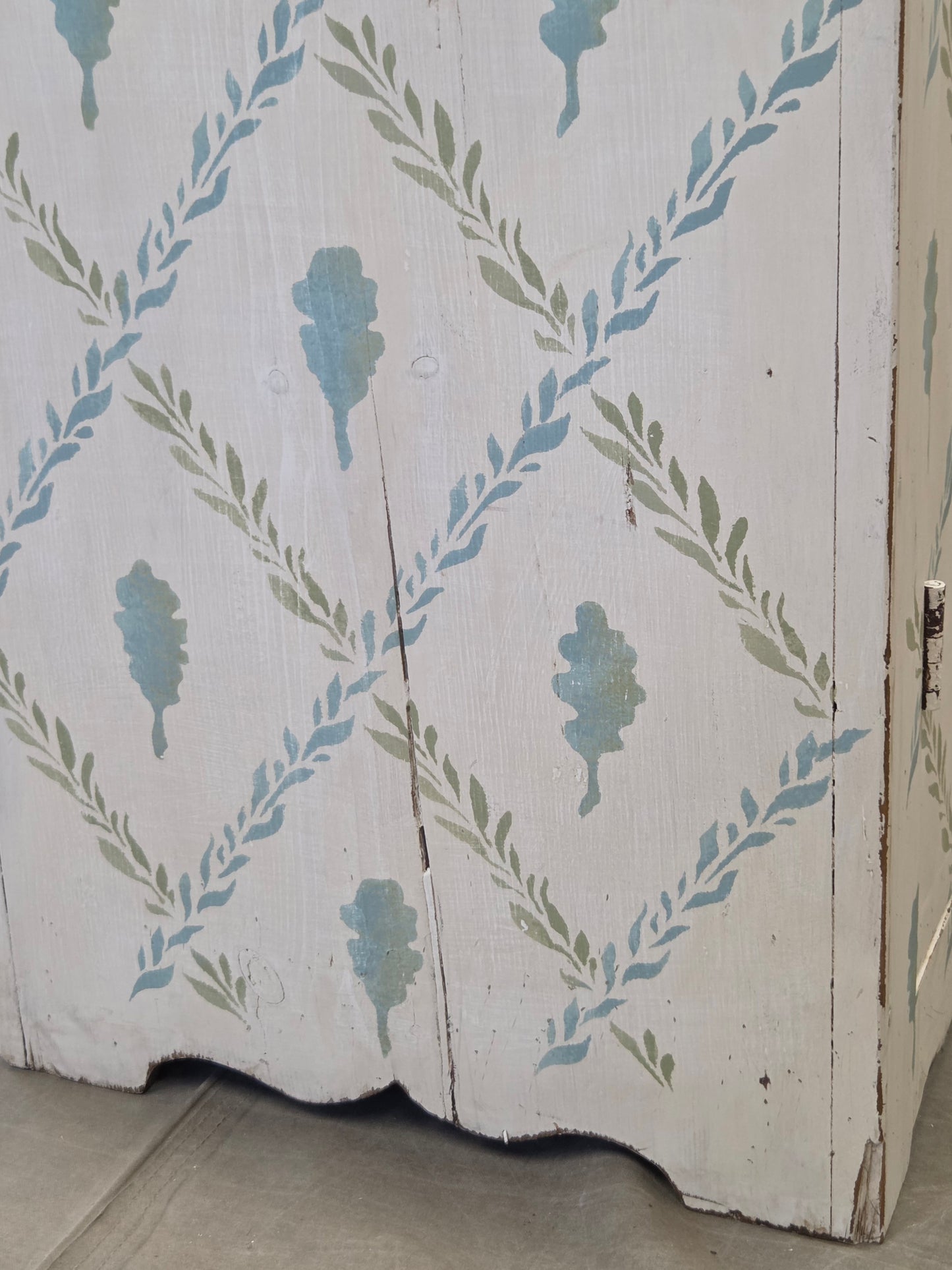 Antique Rustic Pine Two Door Cabinet With Distress Painted and Stenciled Surface