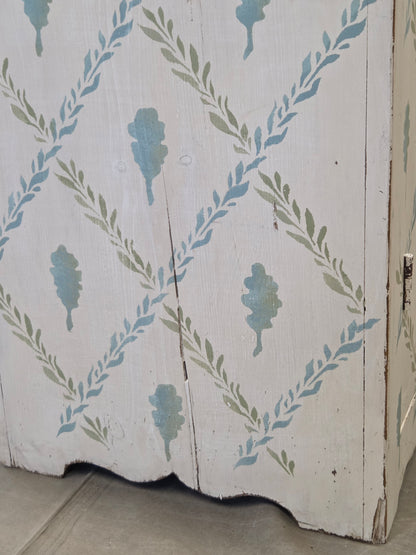 Antique Rustic Pine Two Door Cabinet With Distress Painted and Stenciled Surface
