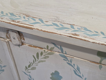 Antique Rustic Pine Two Door Cabinet With Distress Painted and Stenciled Surface