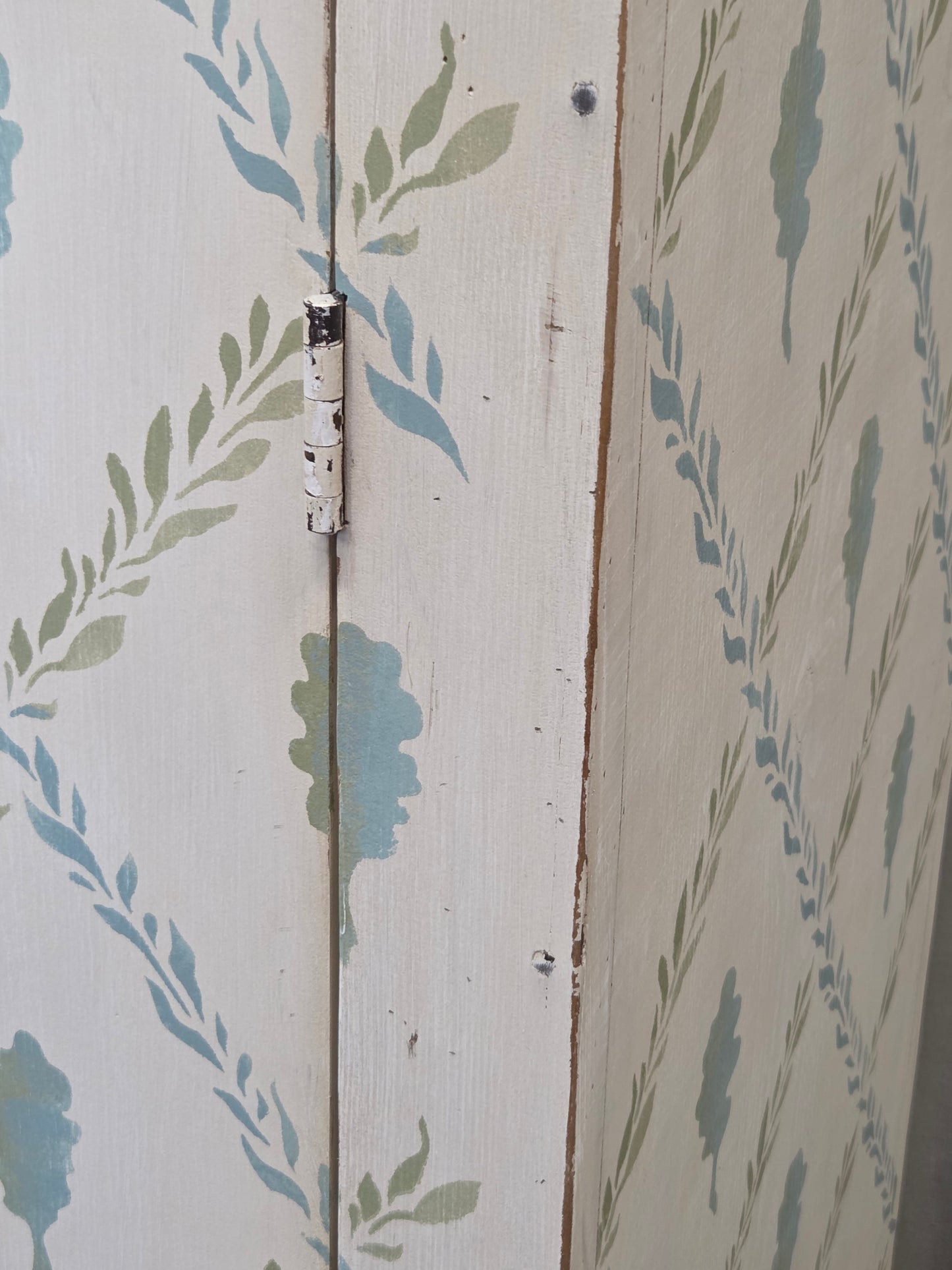 Antique Rustic Pine Two Door Cabinet With Distress Painted and Stenciled Surface