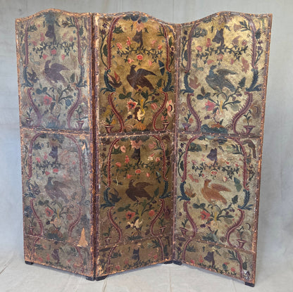 Antique 19th century Peruvian Colonial Painted Leather Folding Screen