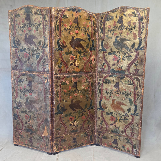 Antique 19th century Painted Leather Folding Screen