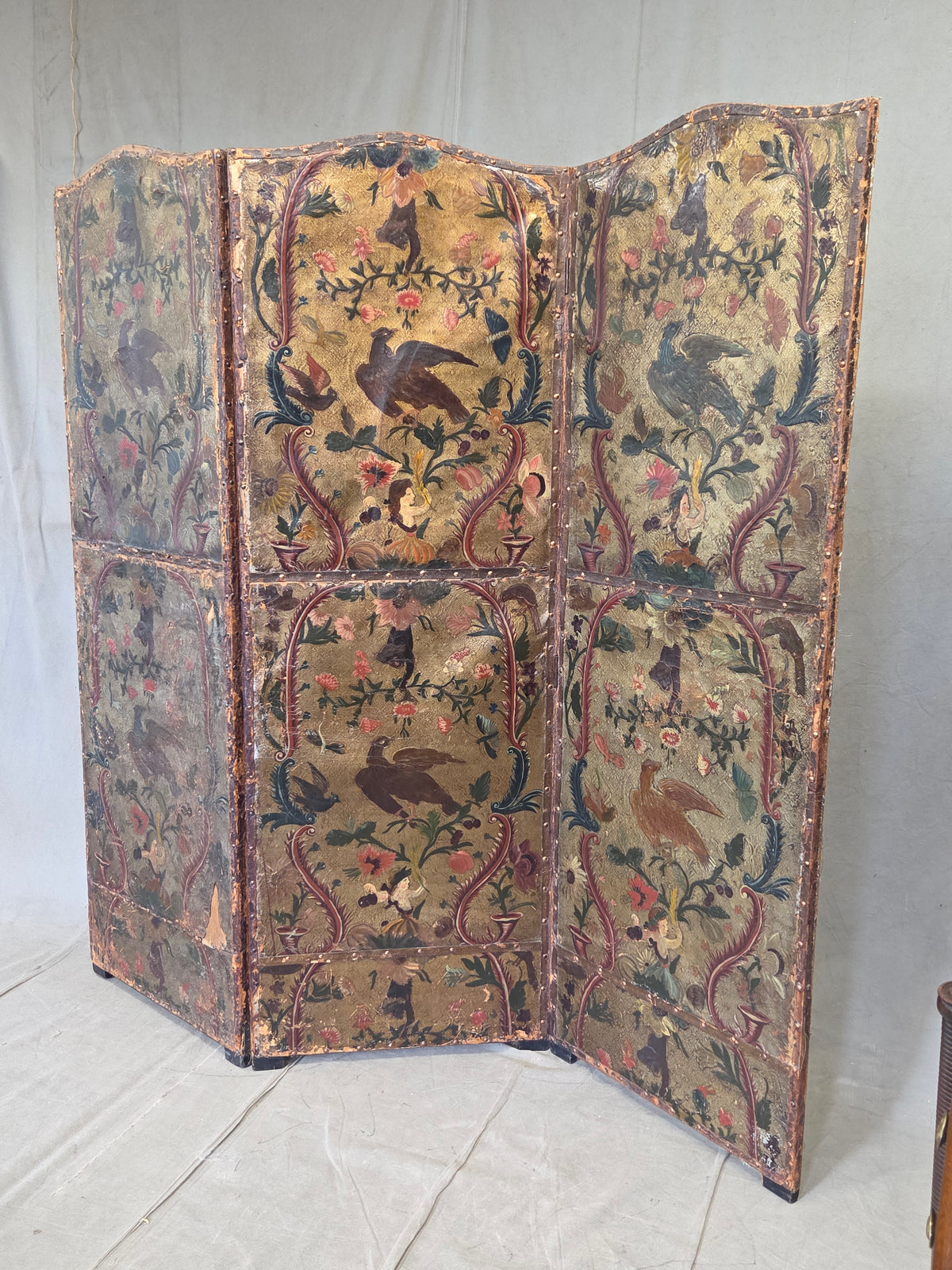 Antique 19th century Peruvian Colonial Painted Leather Folding Screen