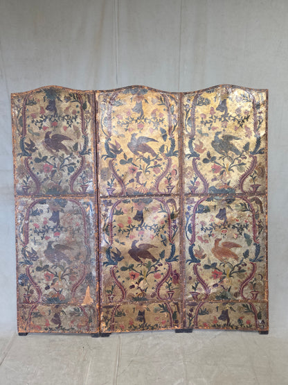 Antique 19th century Peruvian Colonial Painted Leather Folding Screen