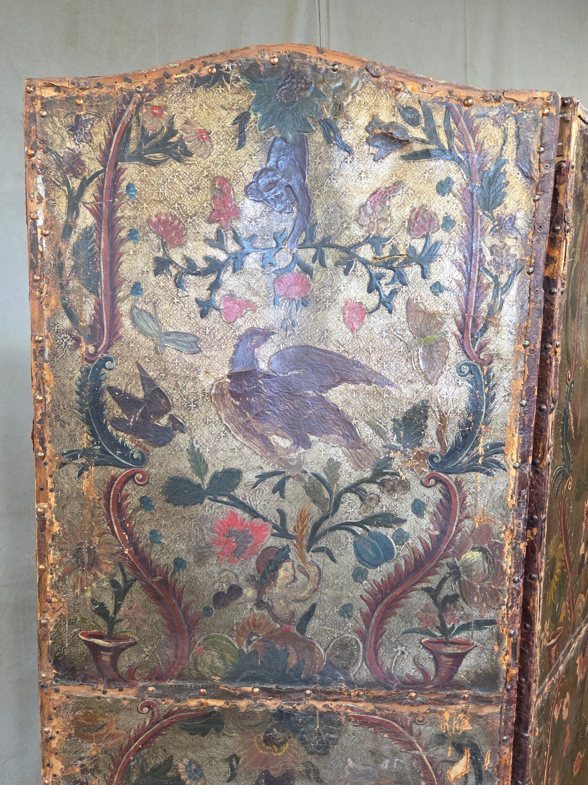 Antique 19th century Peruvian Colonial Painted Leather Folding Screen