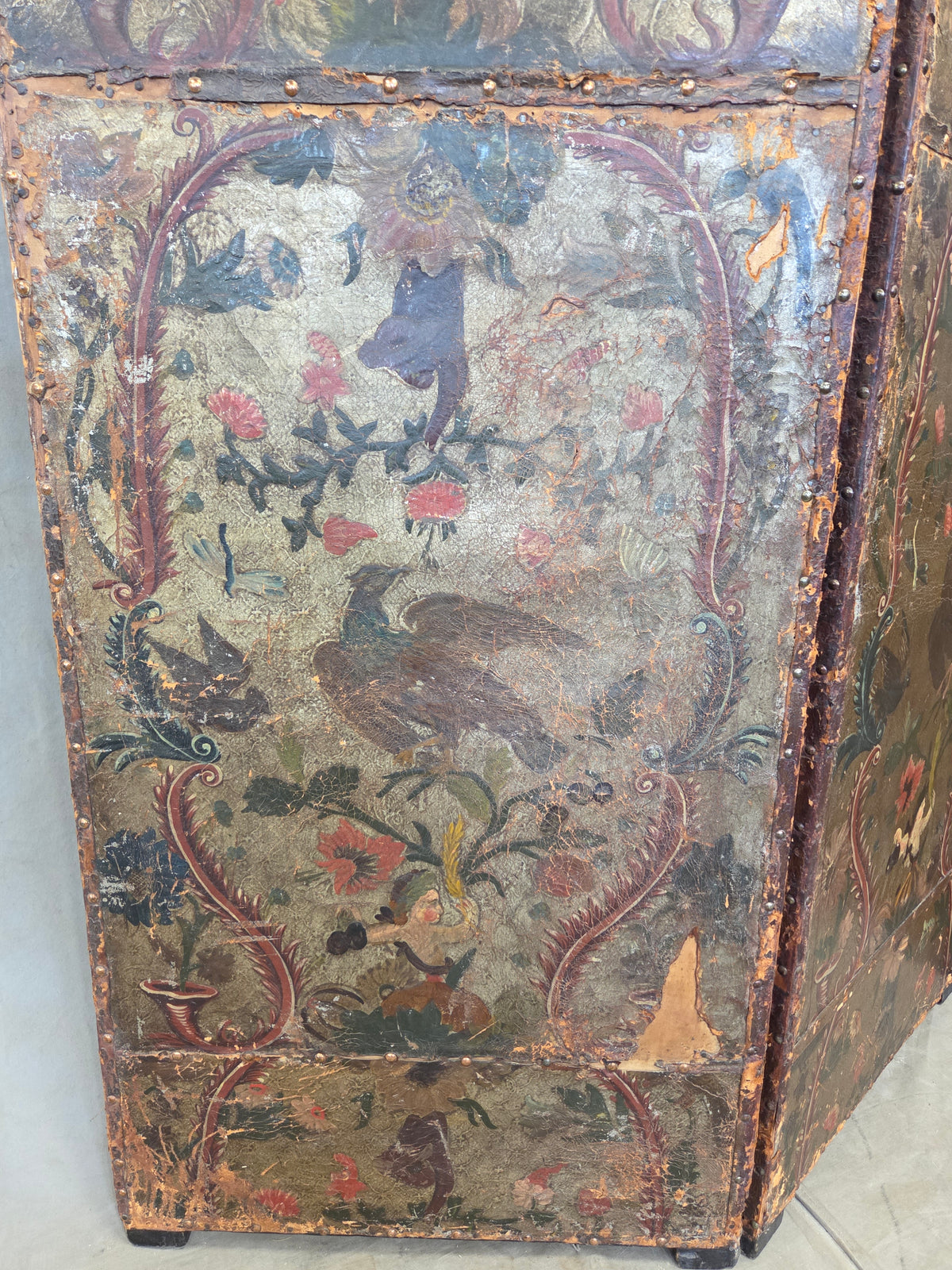 Antique 19th century Peruvian Colonial Painted Leather Folding Screen
