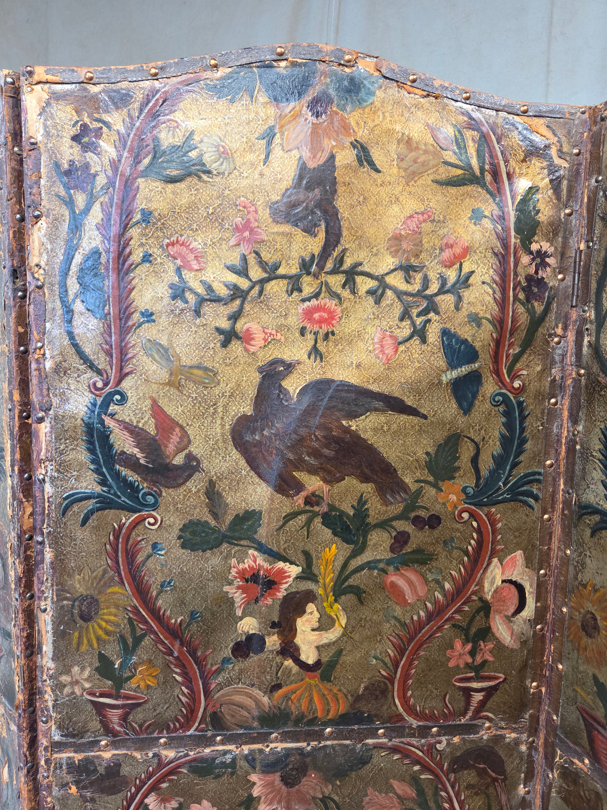 Antique 19th century Peruvian Colonial Painted Leather Folding Screen