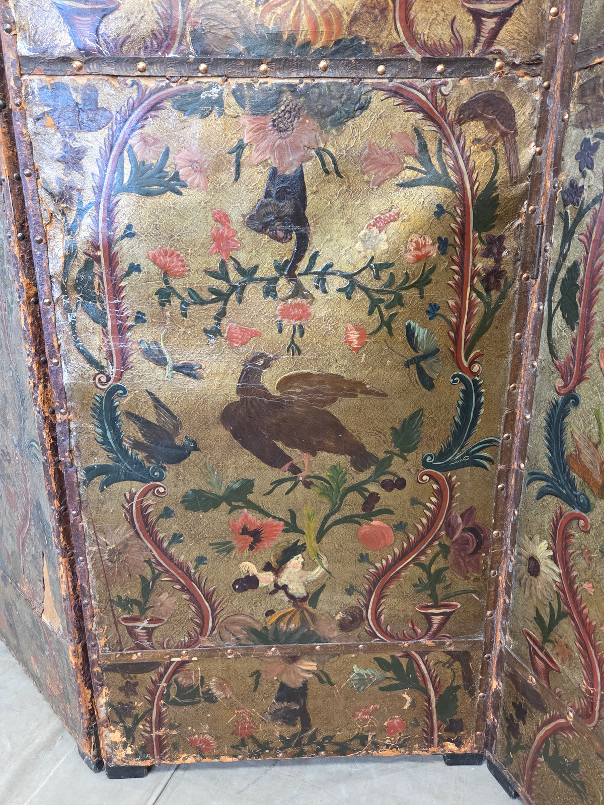 Antique 19th century Peruvian Colonial Painted Leather Folding Screen