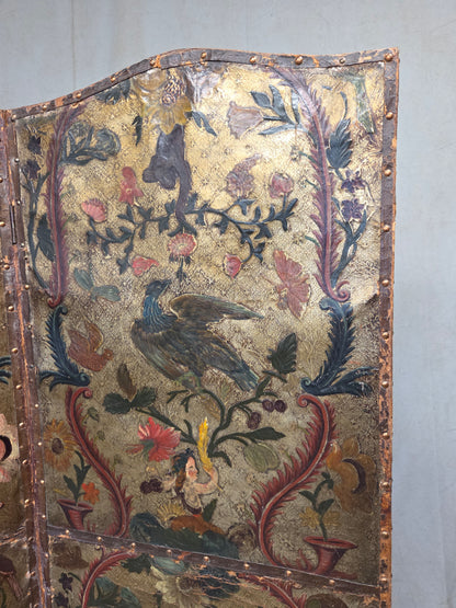 Antique 19th century Peruvian Colonial Painted Leather Folding Screen