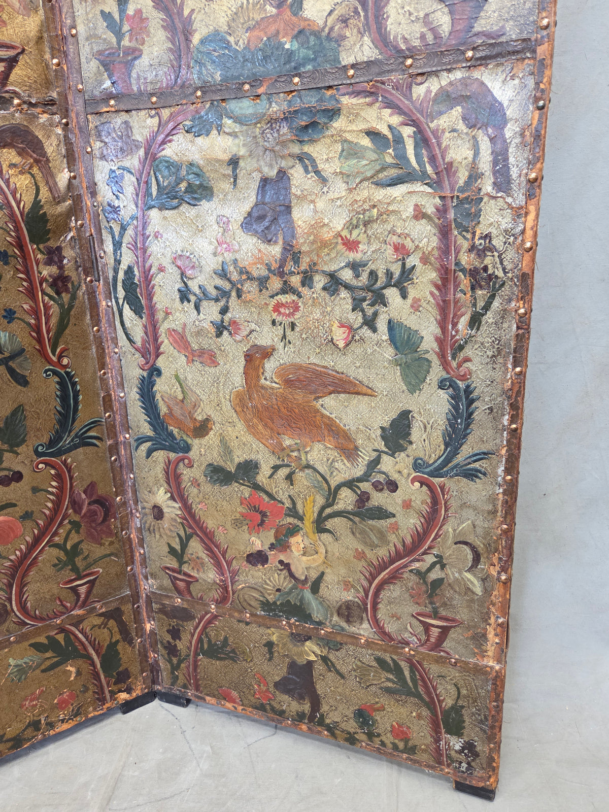 Antique 19th century Peruvian Colonial Painted Leather Folding Screen
