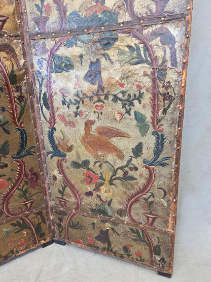 Antique 19th century Peruvian Colonial Painted Leather Folding Screen