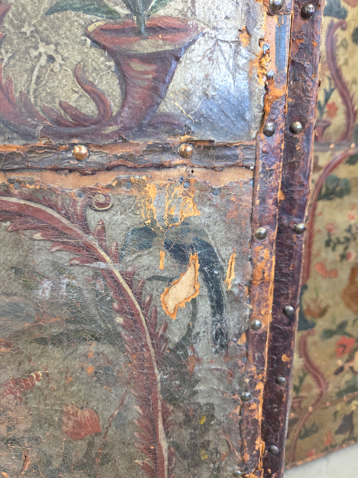 Antique 19th century Peruvian Colonial Painted Leather Folding Screen