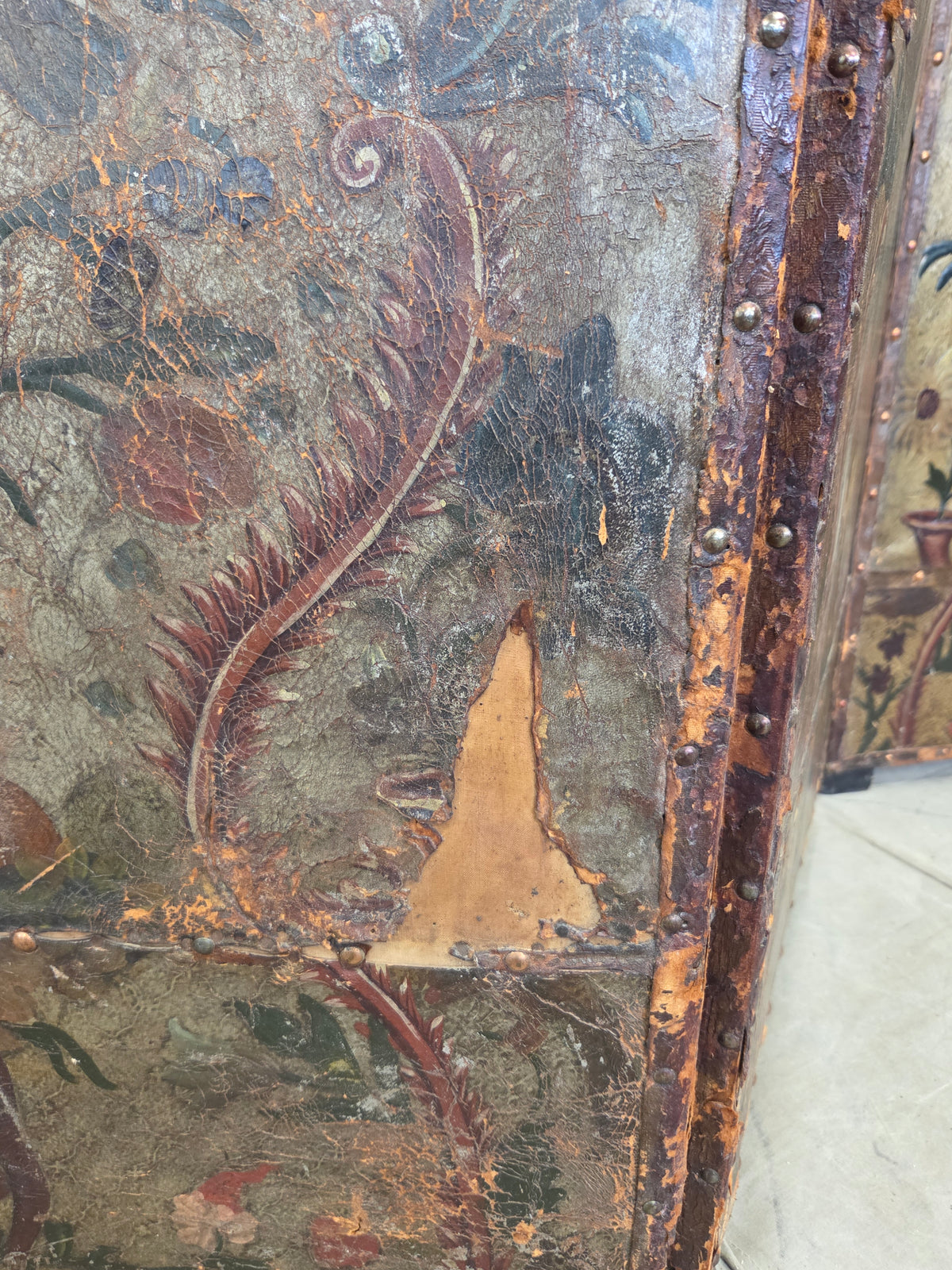 Antique 19th century Peruvian Colonial Painted Leather Folding Screen
